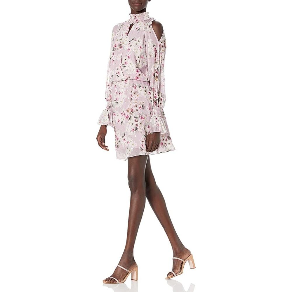 5/$30 Parker Shelli Floral-Print Silk-Metallic Short Dress Pink XS
